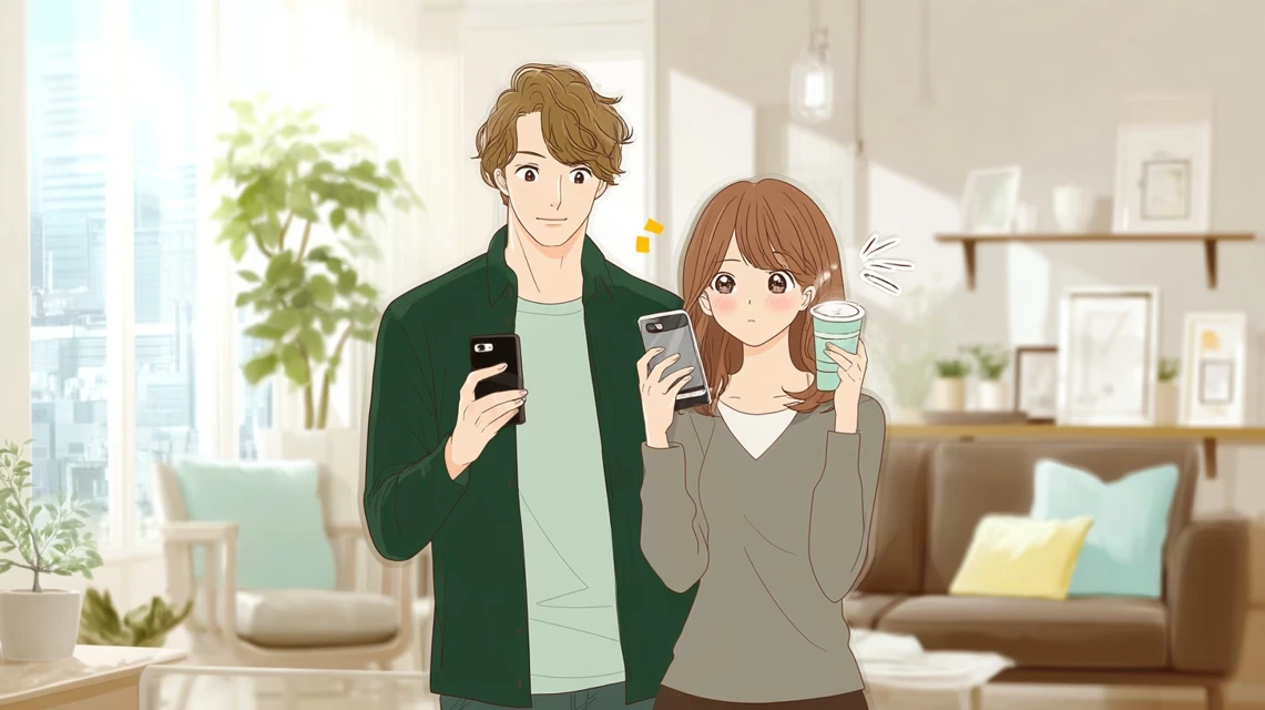 最新クーポン情報を探すカップルが画面を確認する場面