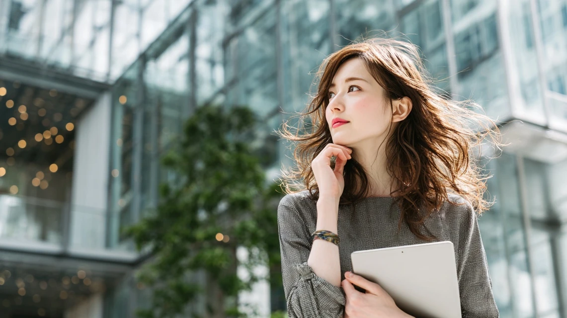 タブレットを見ながら考える日本人女性