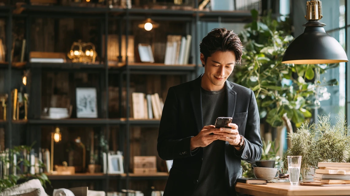 ドコモ特典を使ってkinezoクーポンを確認する日本人男性