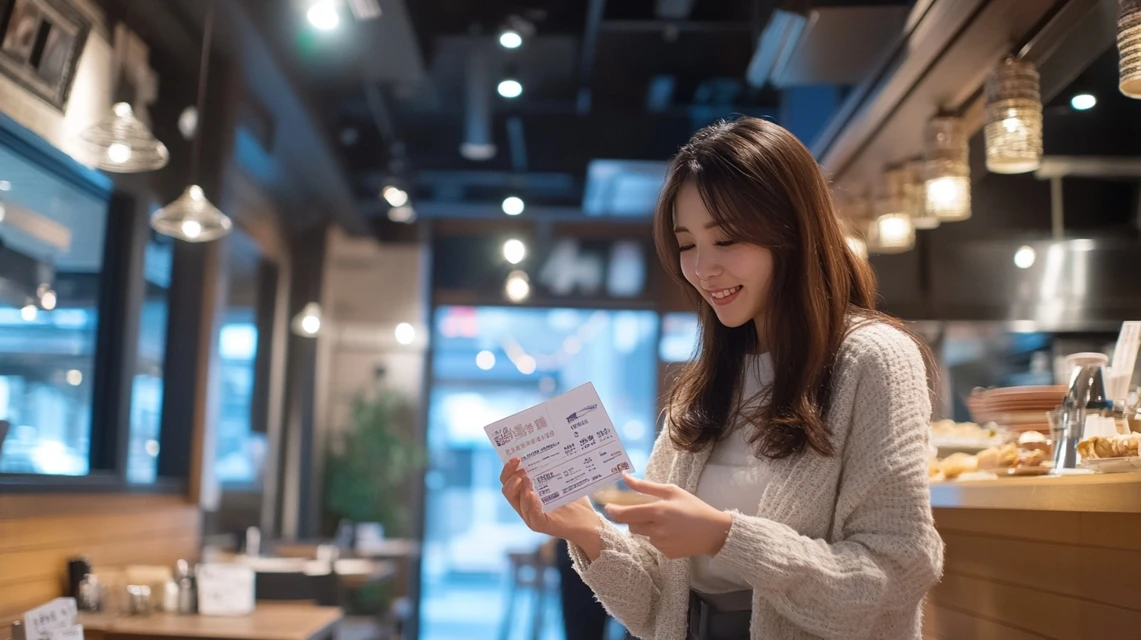 女性がレシートを見ながらクーポンを確認