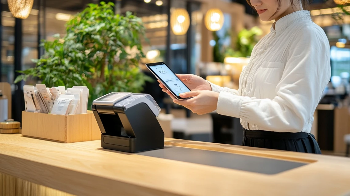 女性がレジでスマホ決済をしている様子