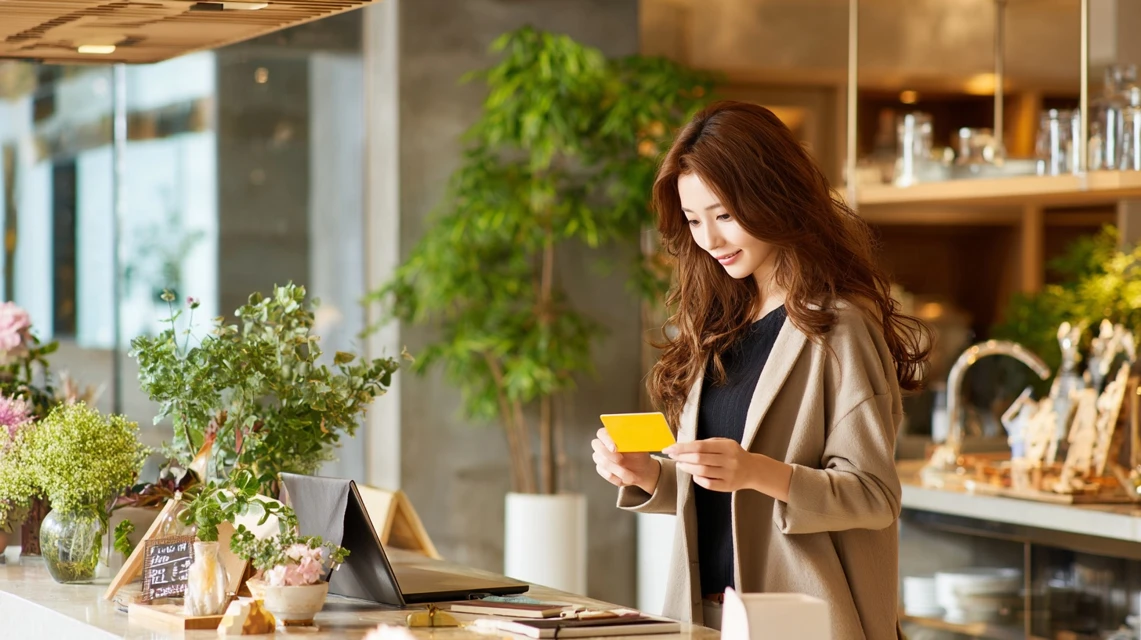 Onスニーカーを履いて笑顔で歩く日本人女性