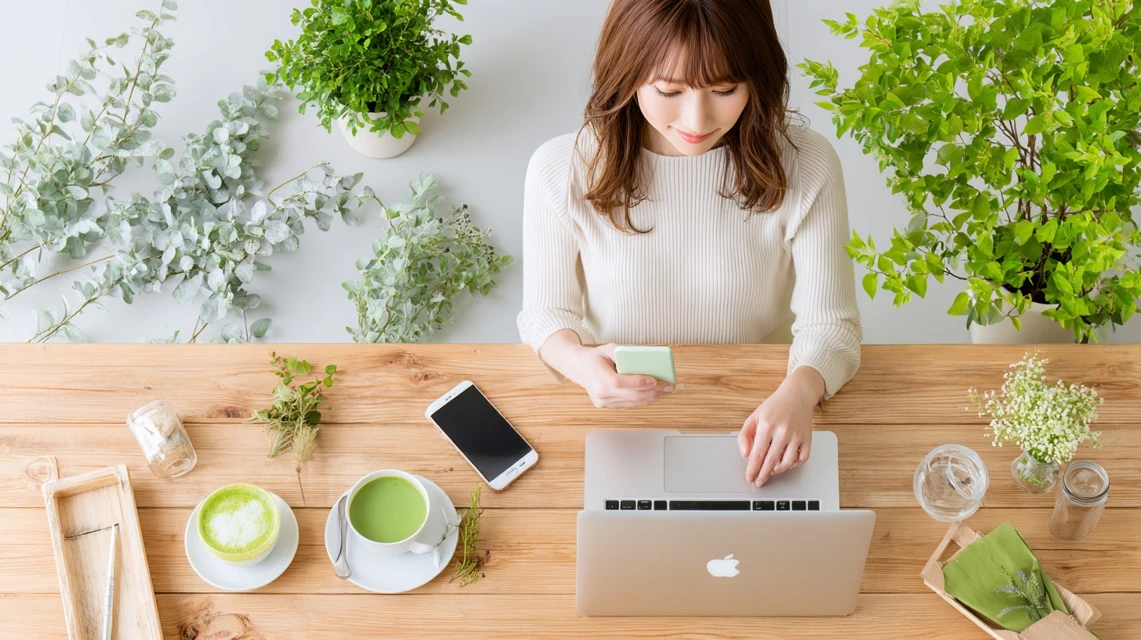 楽天トラベルの宿泊クーポン取得手順を確認する日本人女性