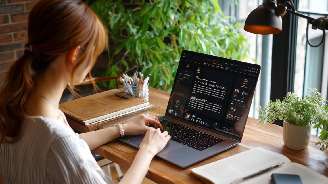 パソコンでkinezoクーポン情報を調べる日本人女性