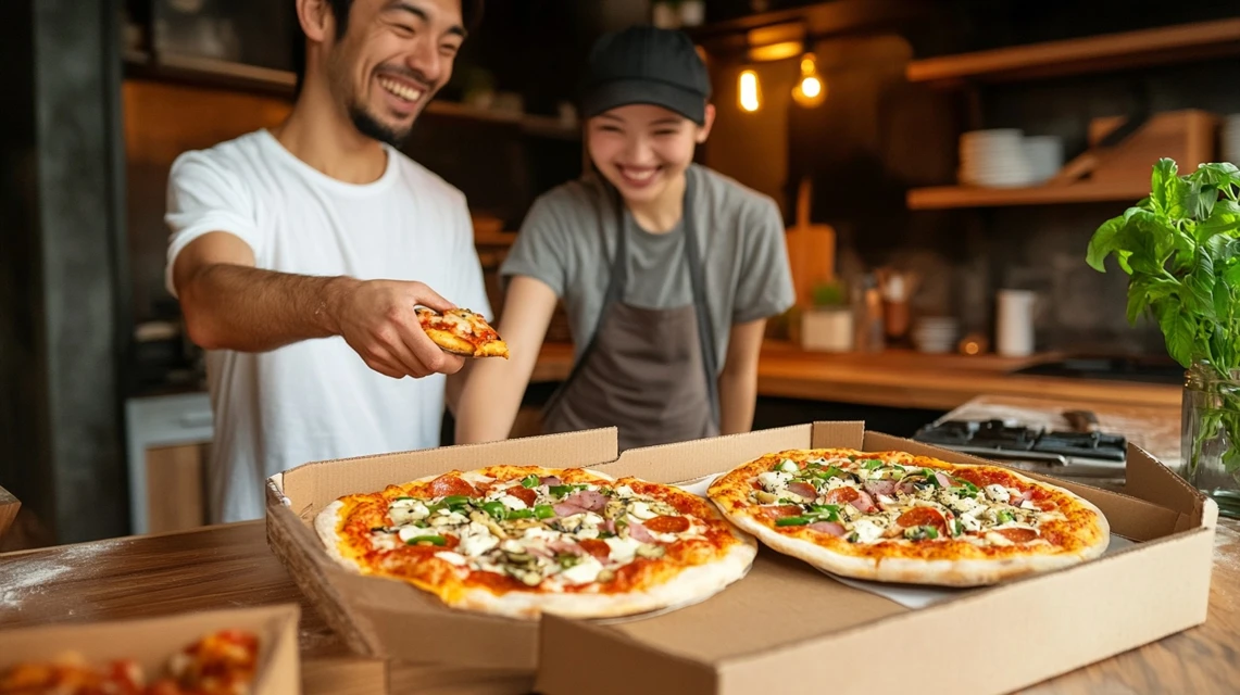 ドミノピザ2枚無料特典を使う日本人カップル