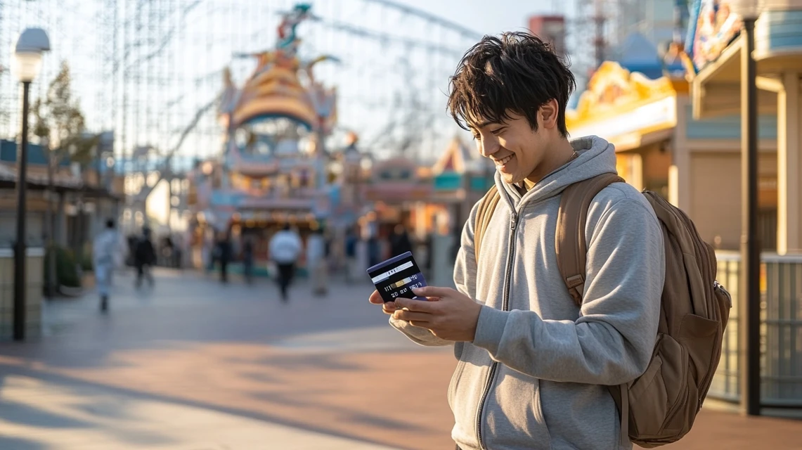 男性がクレジットカードで割引購入を確認