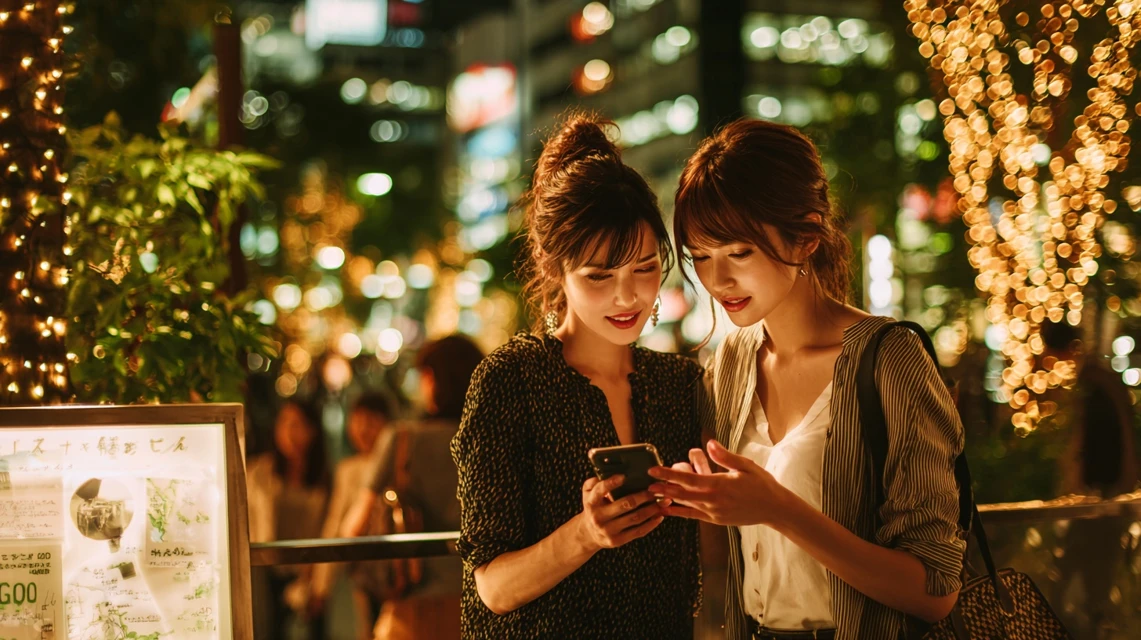 楽天トラベルでクーポン対象宿をチェックする日本人女性