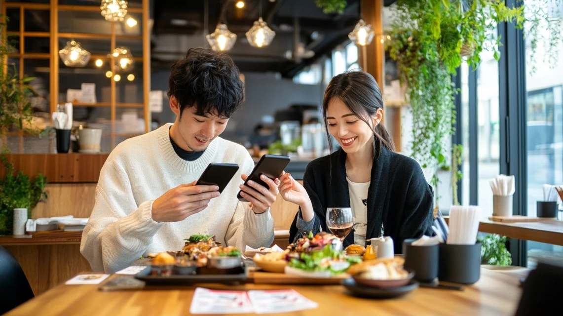 カップルがスマホでココスクーポン確認中