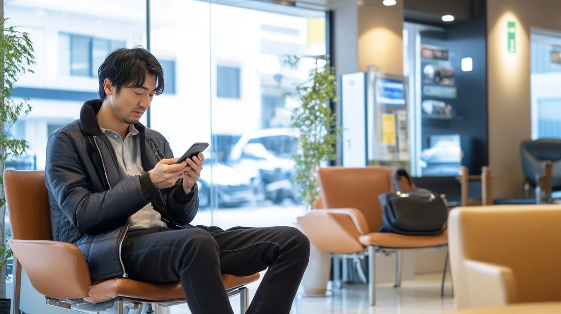 平日昼にオイル交換を待つ日本人ドライバー
