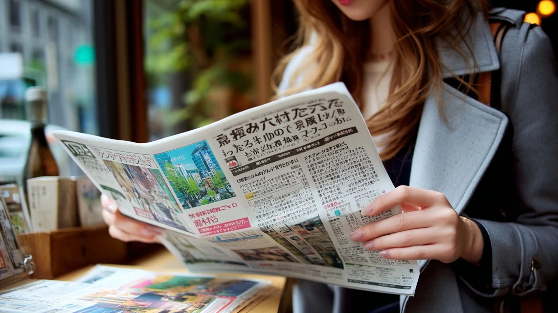 新聞でかつ銀の割引券を探す日本人