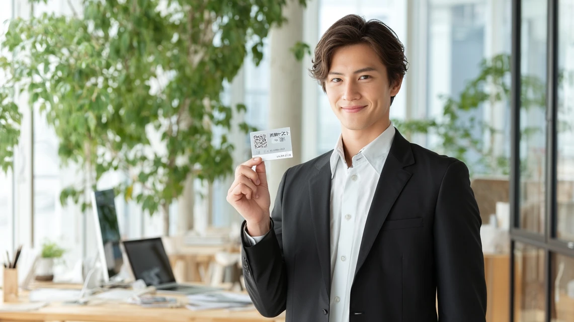 JAF優待をスマホで確認する日本人男性