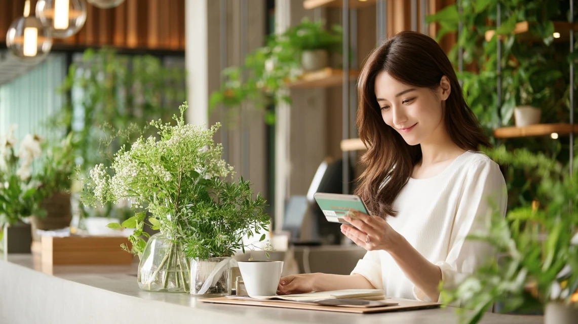 クーポンコードを慎重に入力する日本人女性の手元