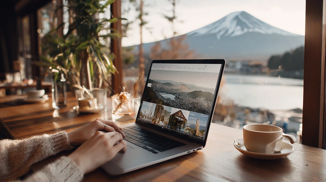 ノートパソコンで読売旅行クーポンを確認する女性