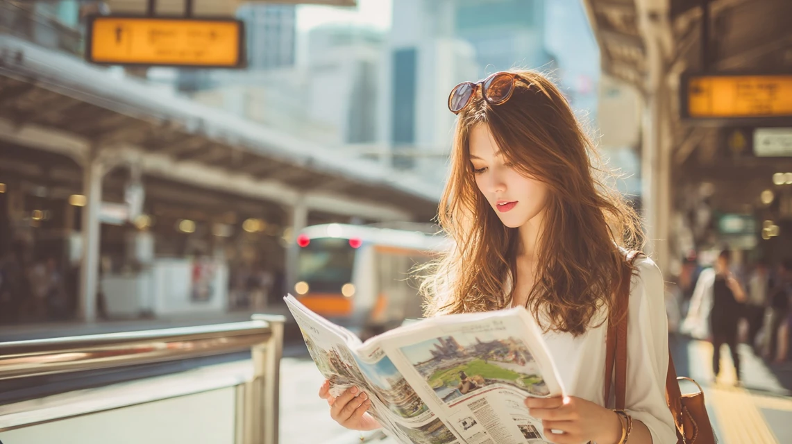 クーポン情報を調べる女性