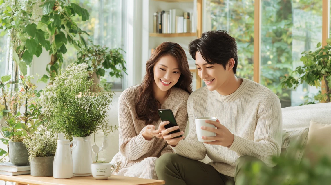 スマホでマリンスパ熱海のクーポンを探す夫婦