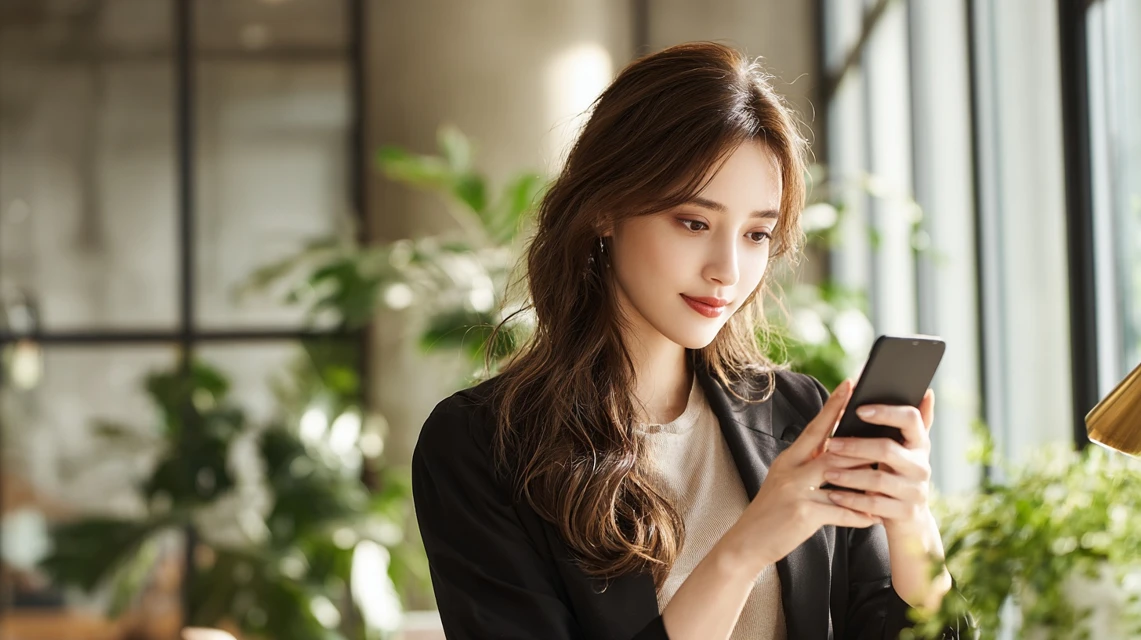 スマホでポイント終了を確認する女性
