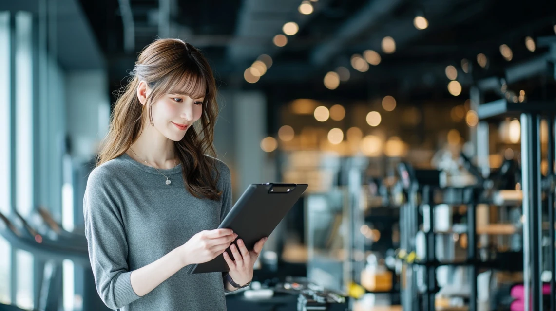 タブレットでチェックリストを確認する日本人女性