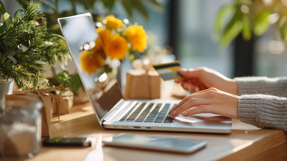 Onスニーカー購入画面で割引を確認する日本人女性