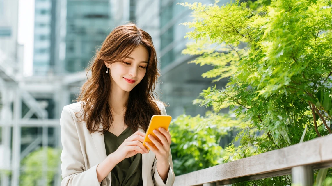 スマホで会員特典を確認して喜ぶ女性