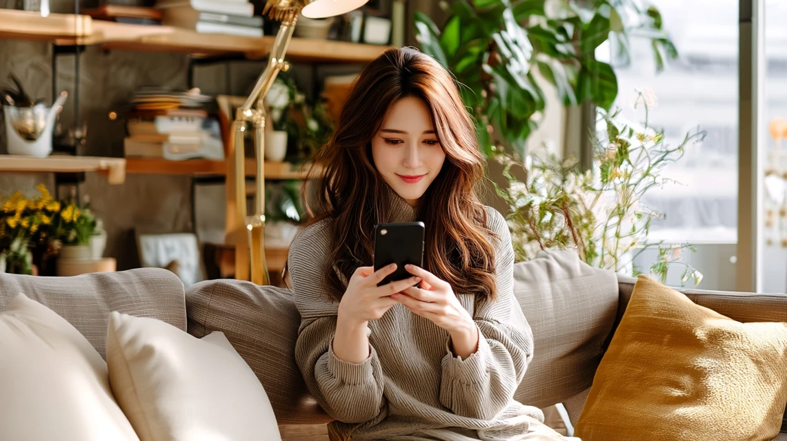 LINE特典をチェックする女性の画像