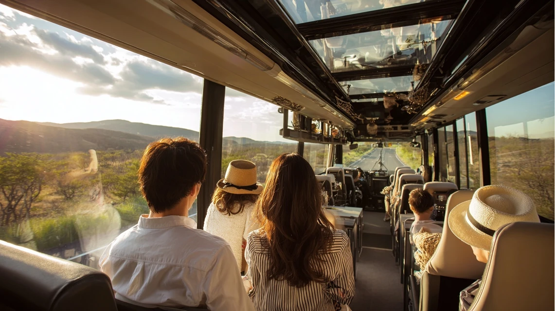 サファリバスに乗る日本人家族と子ども