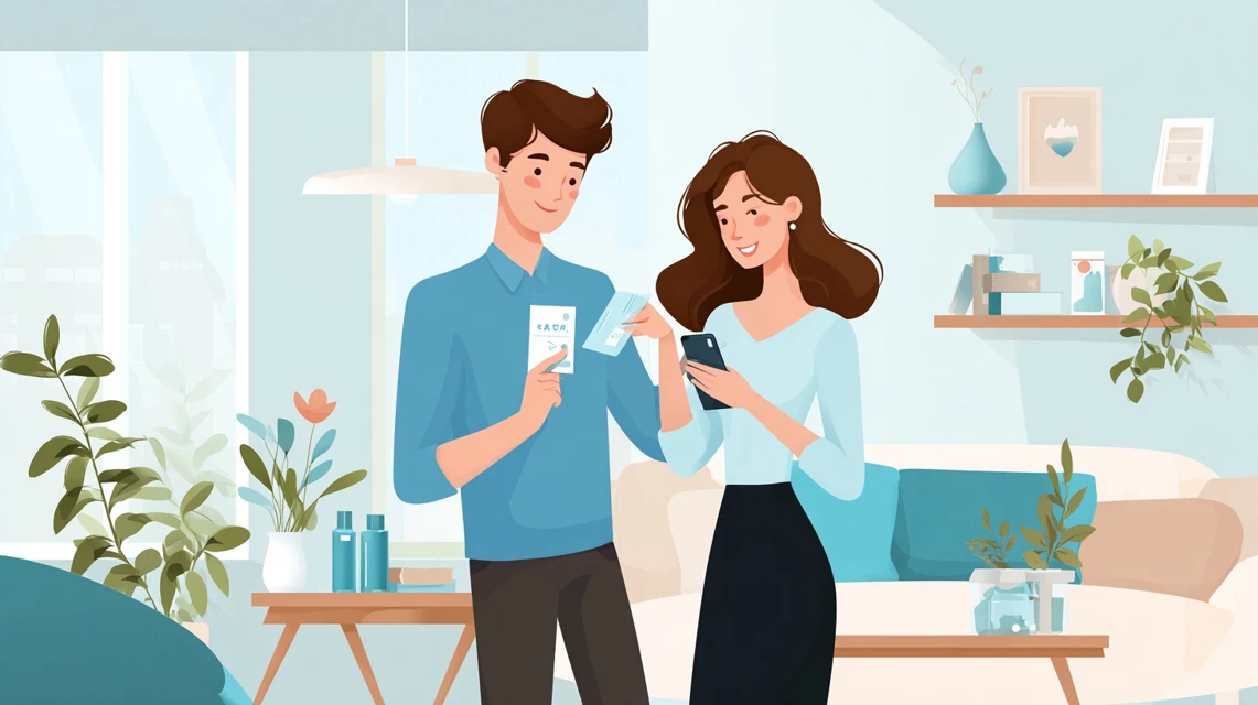 決済注意点を確認するカップルが操作する光景