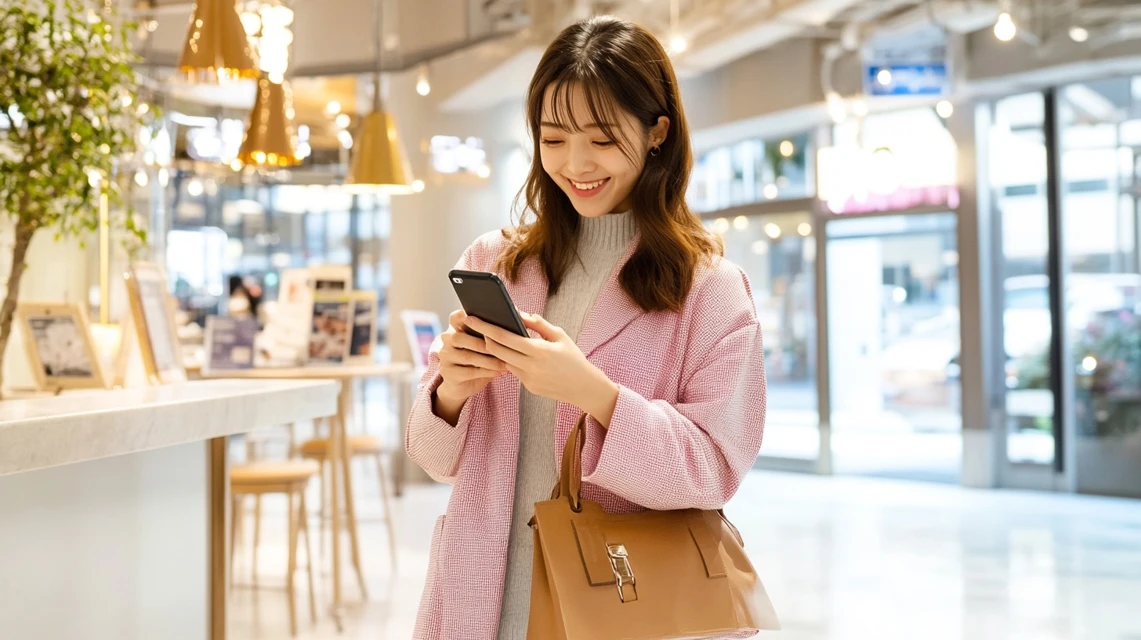 女性がスマホでウォレットを確認中
