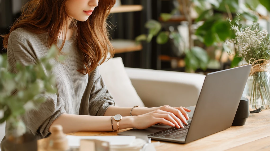 対象商品を検索する女性の手元が写る場面