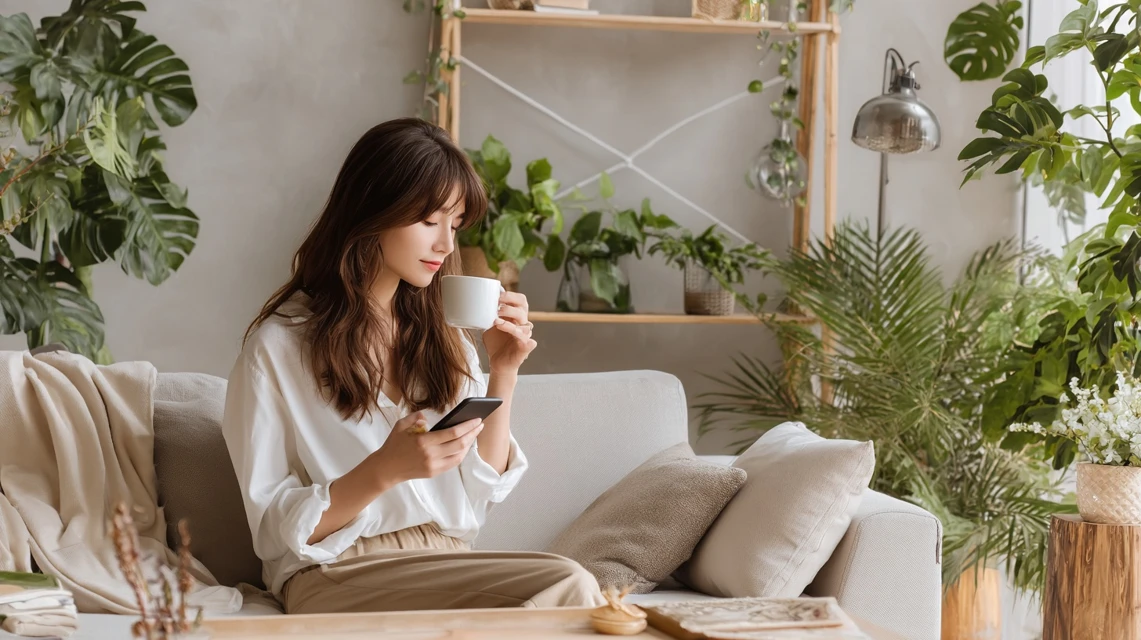 ギフトコード利用方法を見る女性のスマホ画面
