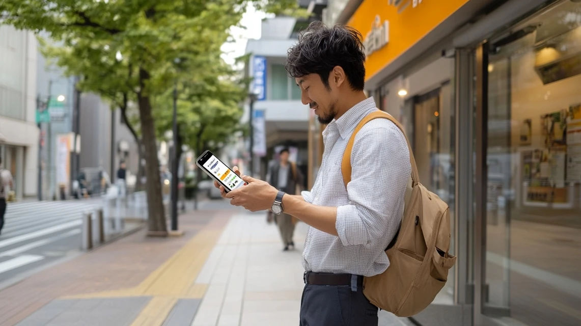 男性がスマホアプリで会員割引を利用中