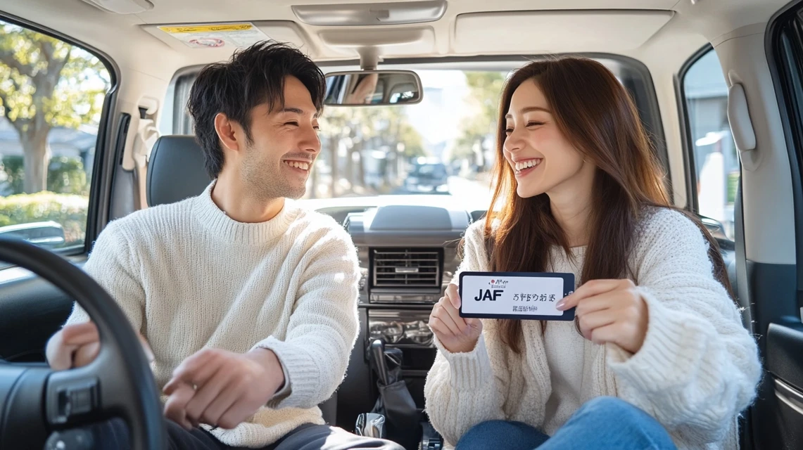 夫婦が車の前でJAFカードを確認している