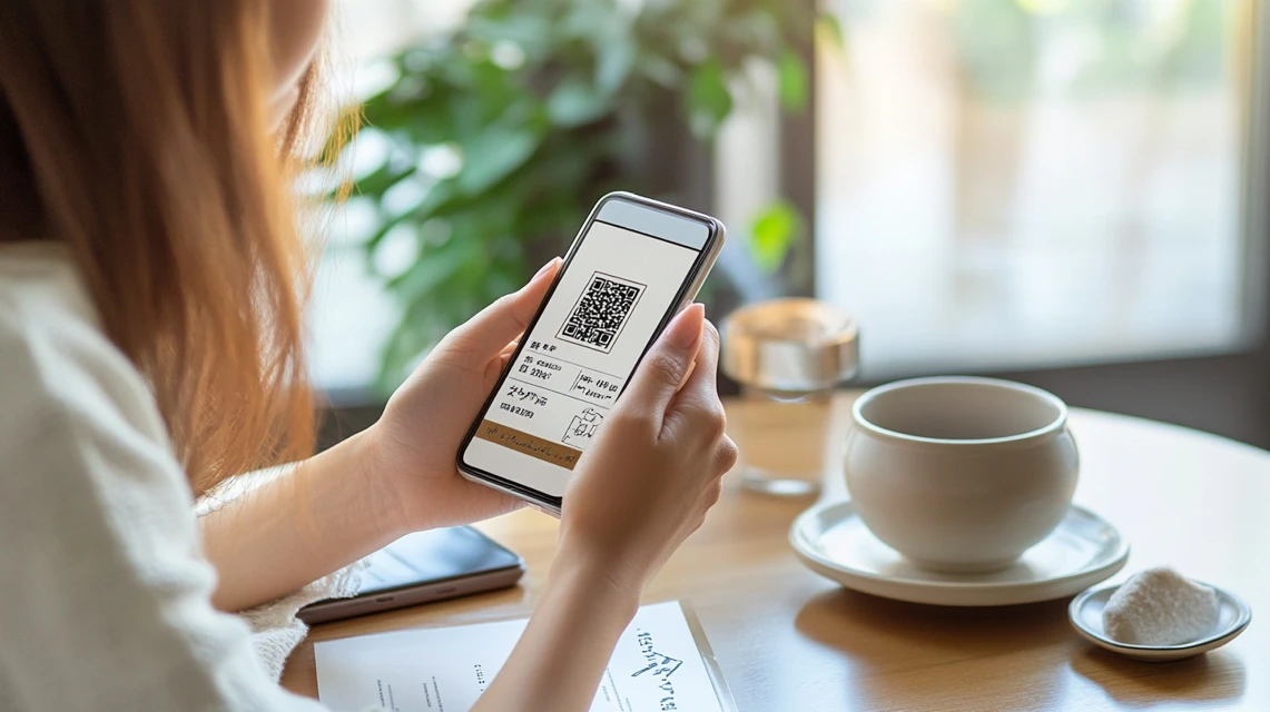 女性が笑顔で無料クーポンを登録する様子