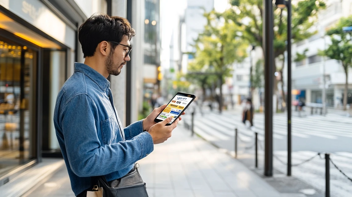 男性がスマホで他社クーポンを確認
