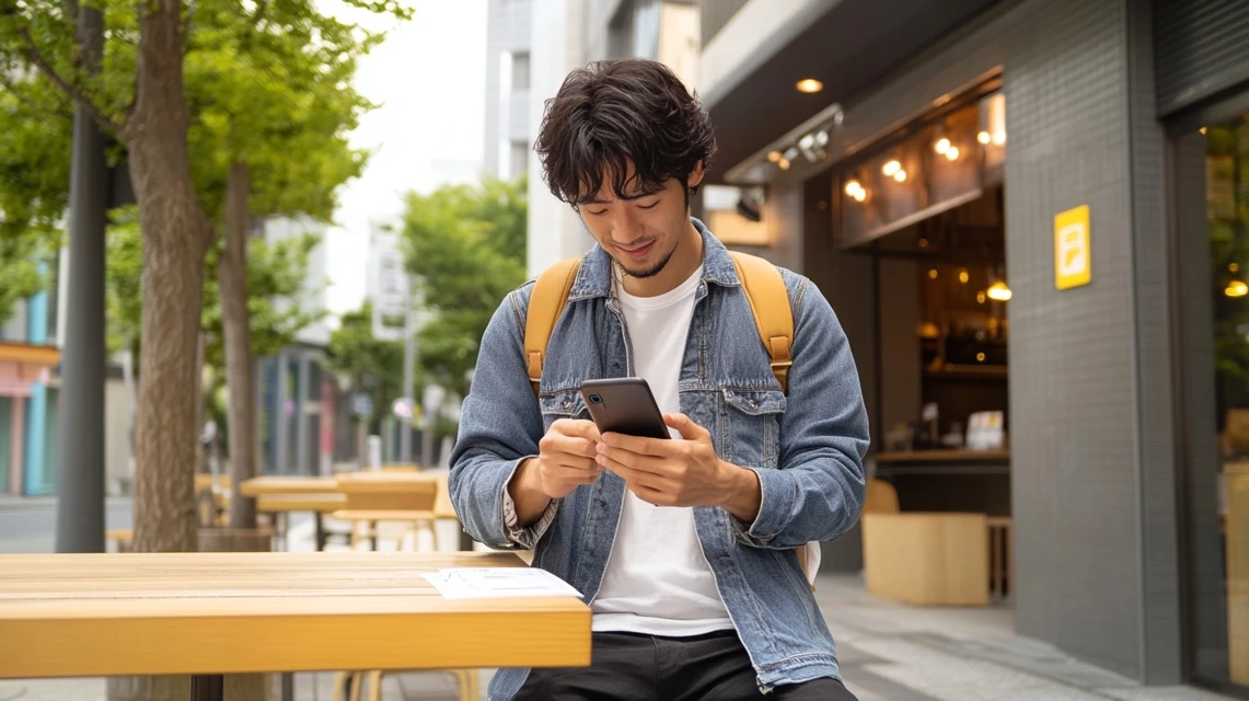 男性がスマホで会員登録を操作する姿