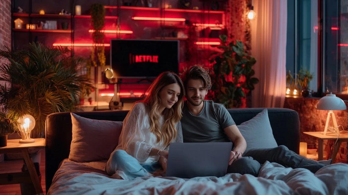 笑顔で動画を楽しむ日本人カップル