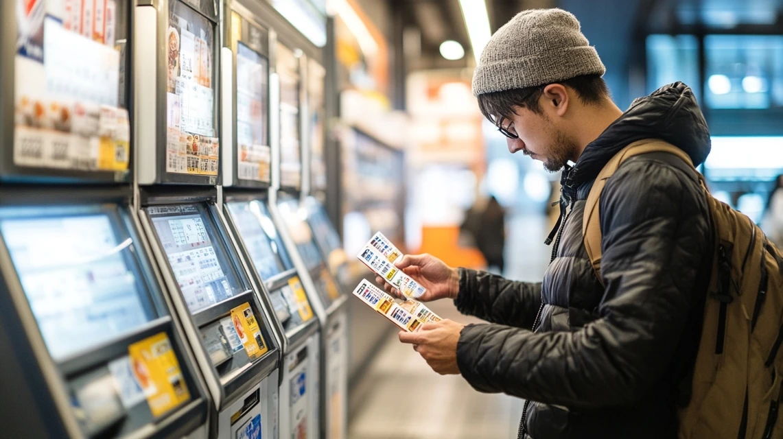 男性が店内で端末を比較しながら考える様子