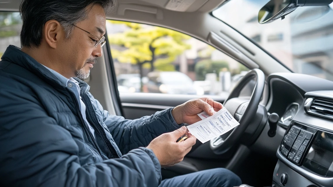 男性が車内でレシートクーポンを確認する様子