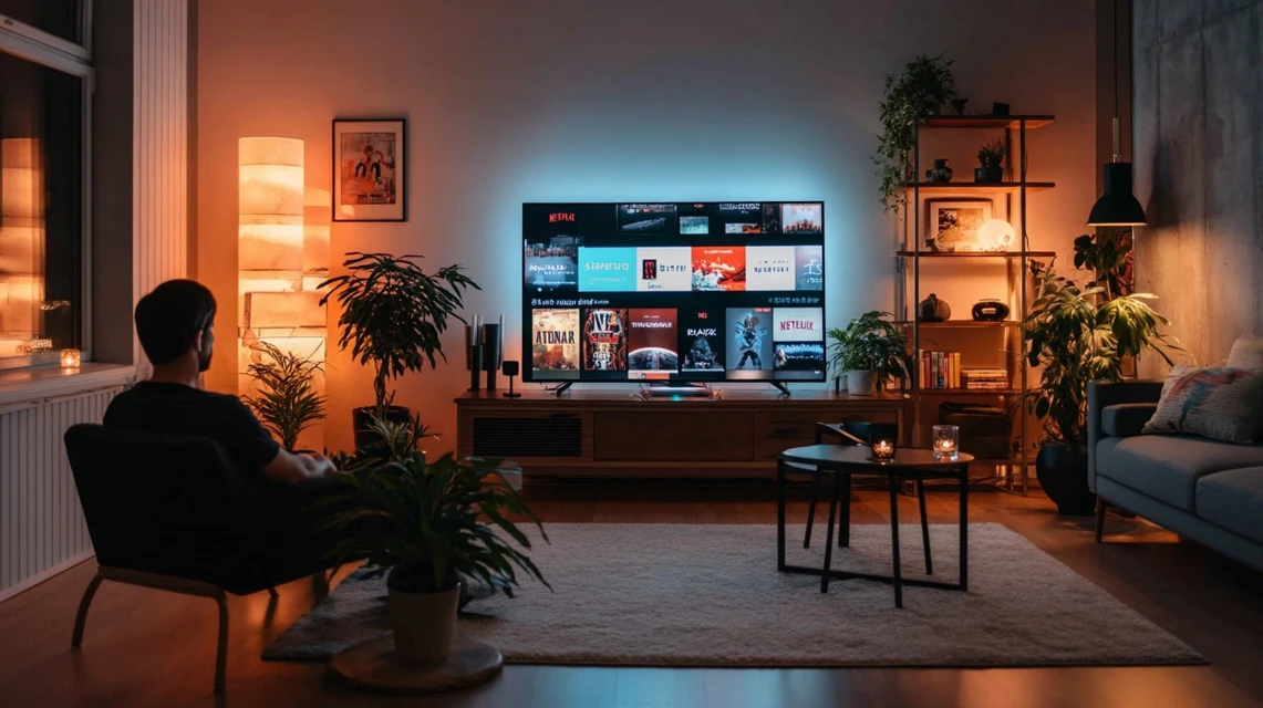 テレビで動画配信を比較する日本人男性