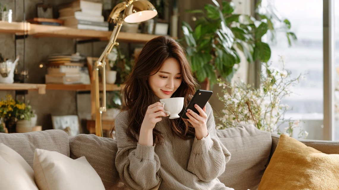 割引入力手順を見る日本人女性の画像
