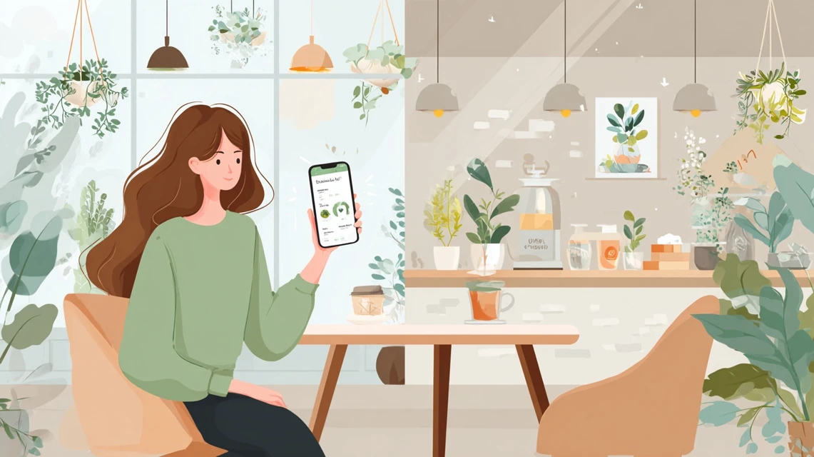 大型割引情報を見る女性の画像