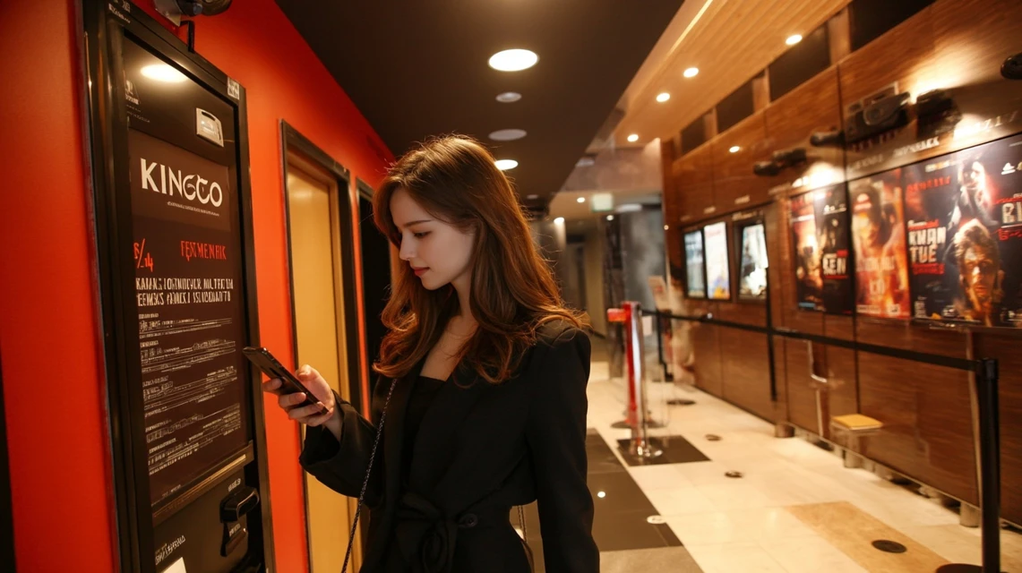 映画館ロビーでスマホを操作する日本人女性