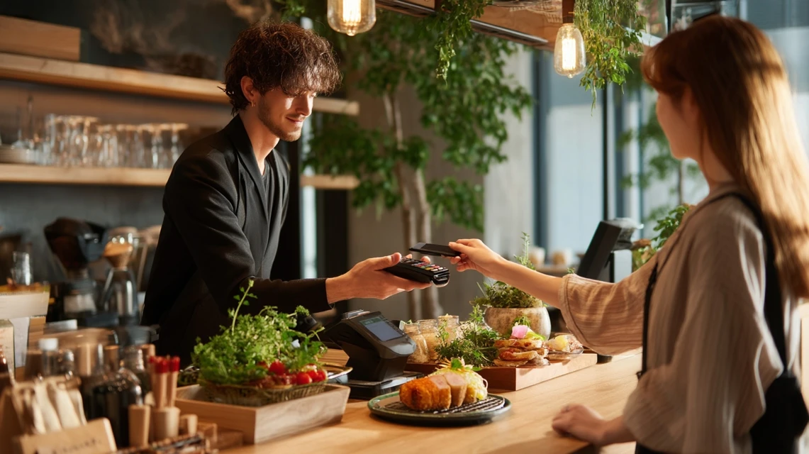 スマホ決済でかつ銀の支払いをする男性