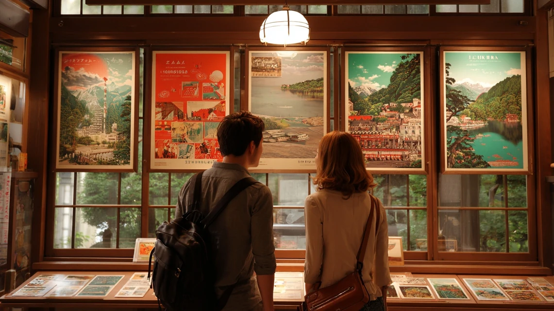 旅行キャンペーンポスターを見る日本人夫婦