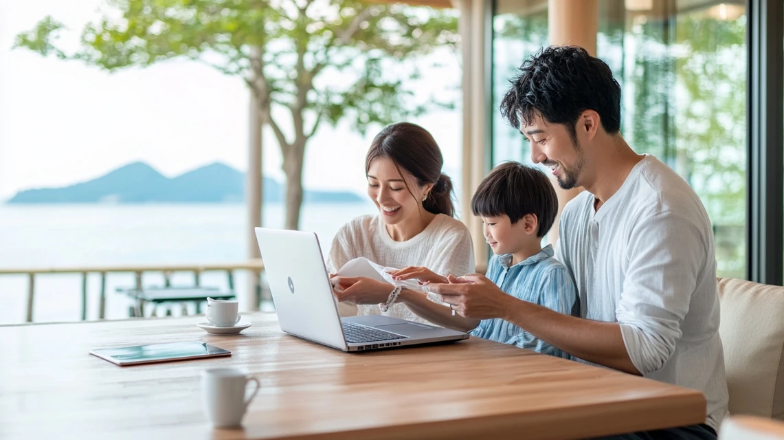 沖縄県民がホテル割引キャンペーンを確認する場面