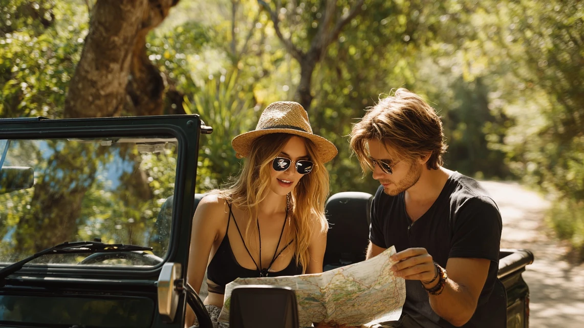 地図を見ながら旅行計画を立てる日本人夫婦