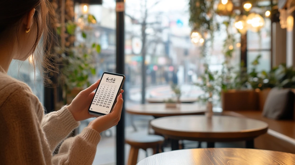 女性がスマホで割引日をカレンダー確認