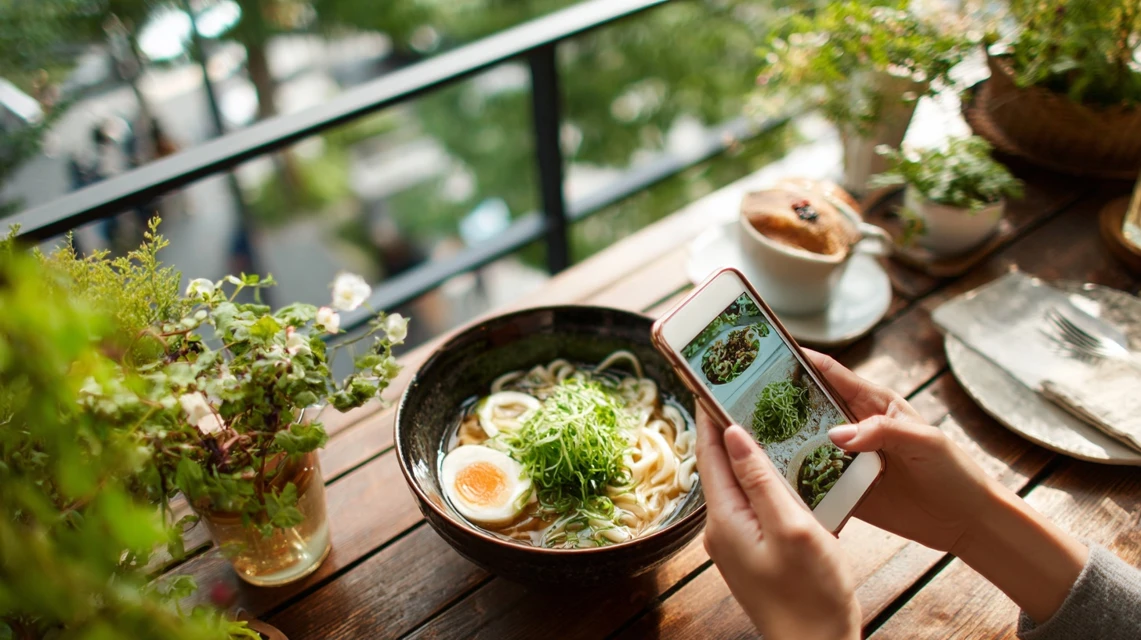 スマホで丸亀製麺のクーポンを確認する日本人
