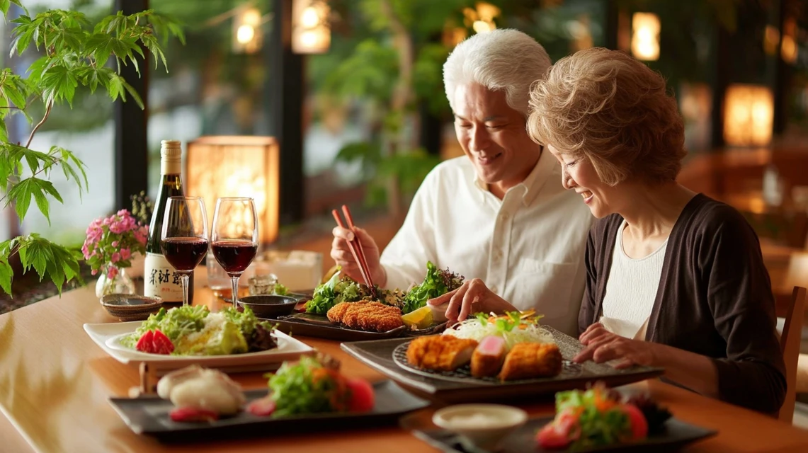 かつ銀で食事を楽しむシニア夫婦