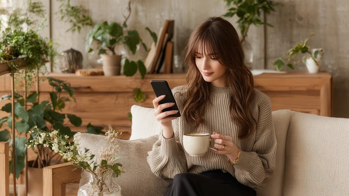 デニーズ割引を多方面で調べる日本人女性の画像
