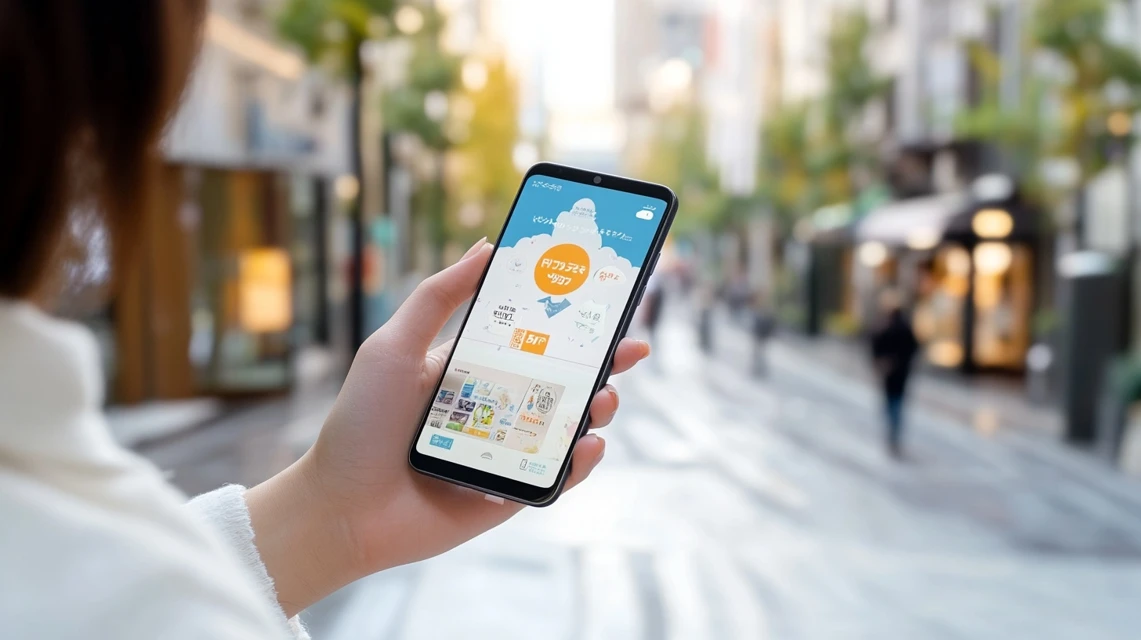 女性が笑顔でスマホ画面を見ている
